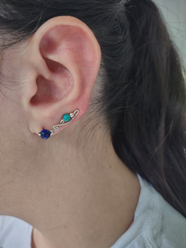 Turquoise and Amethyst Ear Climbers – left ear